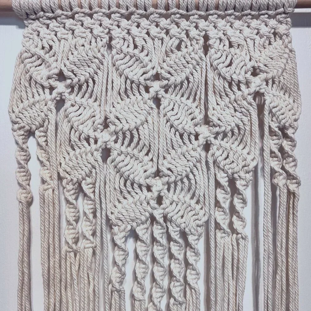 Macrame/Crocheted Wall Hanging-Ivory/Cream-Bohemian-Wood Dowel-Knots-Twist-Flow